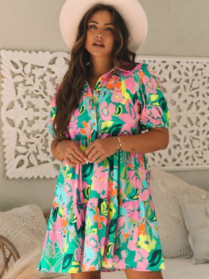 Green Floral Puff Sleeve Collar Buttoned Babydoll Dress