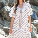 Pink Floral Print Bubble Sleeve Neck Tie Ruffled Dress