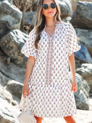 Pink Floral Print Bubble Sleeve Neck Tie Ruffled Dress