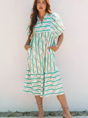 Multicolour Striped Floral Print Tie Split Neck Puff Sleeve Midi Dress