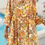 Yellow Cream Floral Print V Neck Puff Sleeve Mini Dress