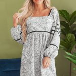 Gray Floral Print Open Back Balloon Sleeve Square Neck Mini Dress