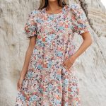Apricot Bohemian Floral Print Short Puff Sleeve Mini Dress
