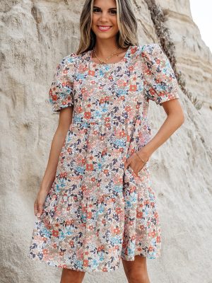 Apricot Bohemian Floral Print Short Puff Sleeve Mini Dress
