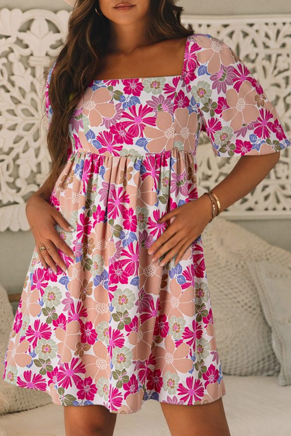 Pink Summer Floral Square Neck Puff Sleeve Babydoll Dress