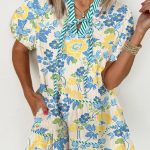 Blue Floral Striped Trim Puff Short Sleeve Dress