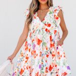 Pink Floral Double Ruffle Sleeve V Neck High Waist Mini Dress
