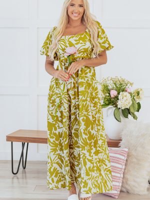 Green Scalloped Trim Square Neck High Waist Floral Maxi Dress