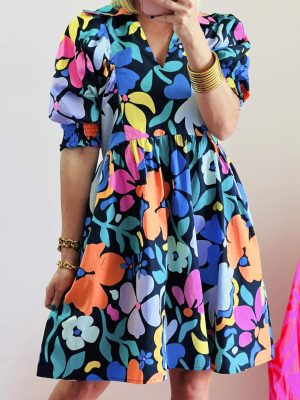 Blue Collared Split Neck Floral Flared Dress