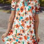 Orange Contrast Trim Floral Split Neck Puff Short Sleeve Tiered Mini Dress