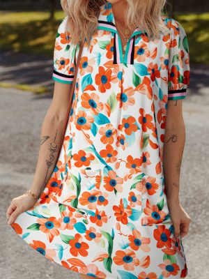 Orange Contrast Trim Floral Split Neck Puff Short Sleeve Tiered Mini Dress