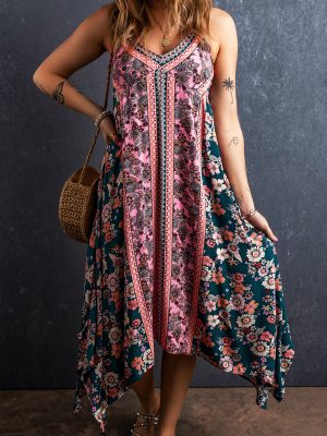 Pink Bohemian Floral Patchwork Print Long Sundress
