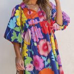 Dark Blue Floral Print Split Neck Babydoll Dress