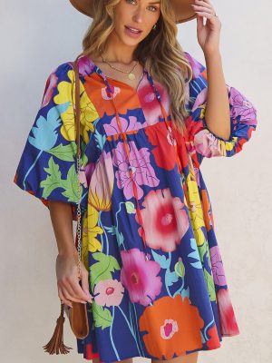 Dark Blue Floral Print Split Neck Babydoll Dress