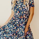 Blue Short Sleeve A-line Floral Dress