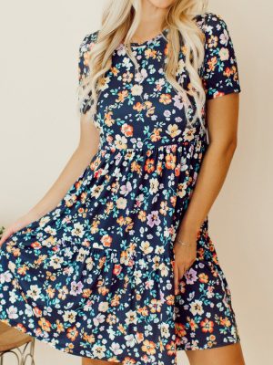 Blue Short Sleeve A-line Floral Dress