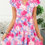 Pink Floral Printed V Notched Ric Rac Flutter Sleeve Dress