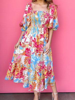 Rose Red Tropical Print Smocked Bodice Puff Sleeve Maxi Dress