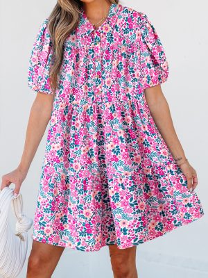 Pink Floral Collared Half Placket Short Sleeve Loose Dress
