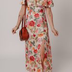 Multicolour Vintage Floral V Neck Short Sleeve Tie Back Long Slit Dress