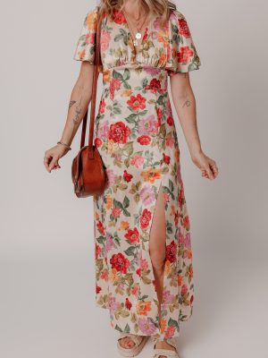 Multicolour Vintage Floral V Neck Short Sleeve Tie Back Long Slit Dress