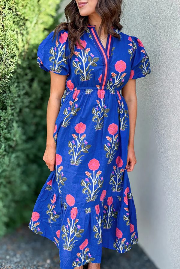 White Floral Puff Short Sleeve V Neck High Waist Maxi Dress