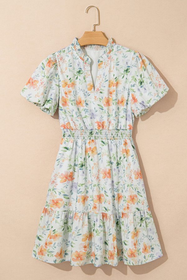 Beige Floral Print Shirred High Waist Puff Sleeve Mini Dress