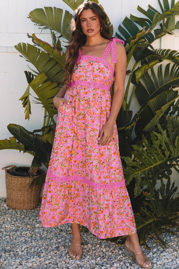 Rose Floral Lace Tied Strap Empire Waist Maxi Dress