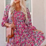 Purple Smocked V Neck Puffy Sleeve Floral Dress