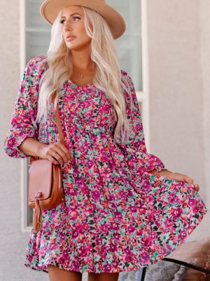 Purple Smocked V Neck Puffy Sleeve Floral Dress