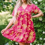 Rose Floral Print Batwing Sleeve Smock Dress