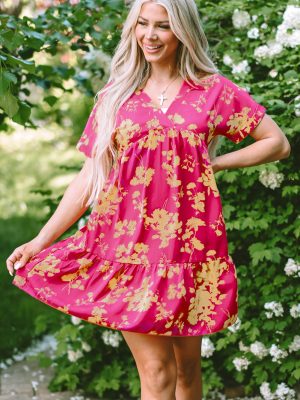 Rose Floral Print Batwing Sleeve Smock Dress