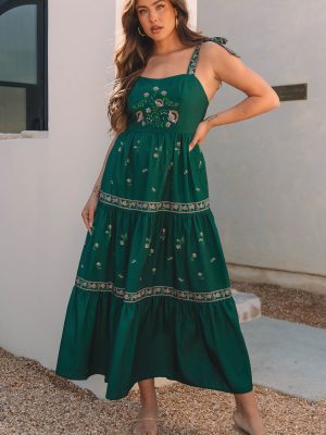 Blackish Green Floral Smocked Back Tied Straps Tiered Maxi Dress