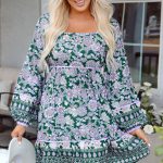 Green Floral Print Piping Trim Bubble Sleeve Square Neck Dress