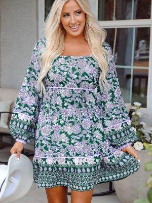 Green Floral Print Piping Trim Bubble Sleeve Square Neck Dress