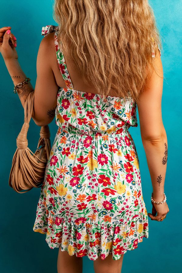 Red Floral Knotted Straps Cinched Waist Ruffle Hem Mini Dress