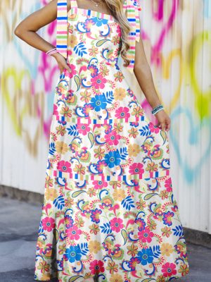 Rose Red Striped Trim Self-tie Straps Floral Maxi Dress