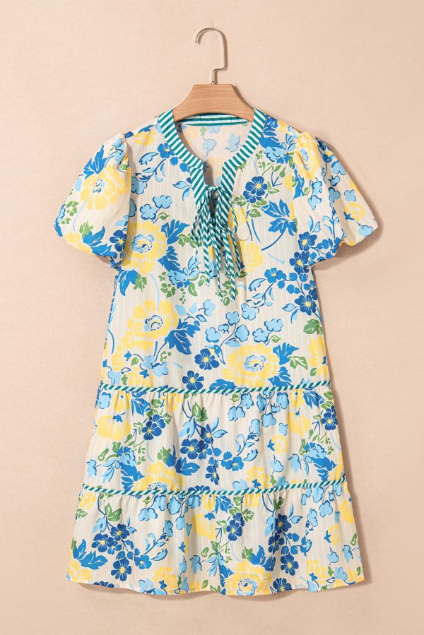 Blue Floral Striped Trim Puff Short Sleeve Dress