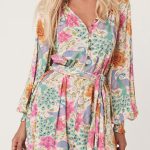 Multicolour Floral Print Bubble Sleeve Buttoned V Neck Mini Dress