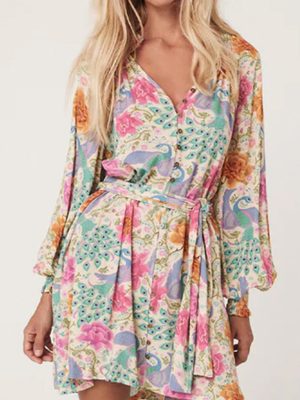 Multicolour Floral Print Bubble Sleeve Buttoned V Neck Mini Dress