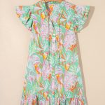 Green Abstract Floral Ruffle Trim Flutter Sleeve Buttoned Dress