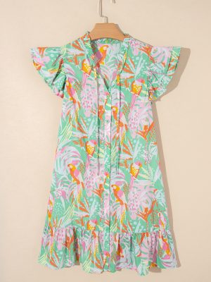 Green Abstract Floral Ruffle Trim Flutter Sleeve Buttoned Dress