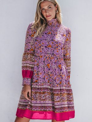 Purple Floral Smocked Puff Sleeve High Neck Mini Dress