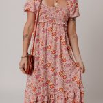 Pink Floral Square Neck Knotted Ruffle Midi Dress
