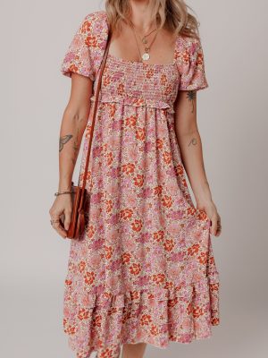 Pink Floral Square Neck Knotted Ruffle Midi Dress