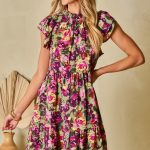 Green Floral Print Ruched Flutter Sleeve Frilled Neck Mini Dress