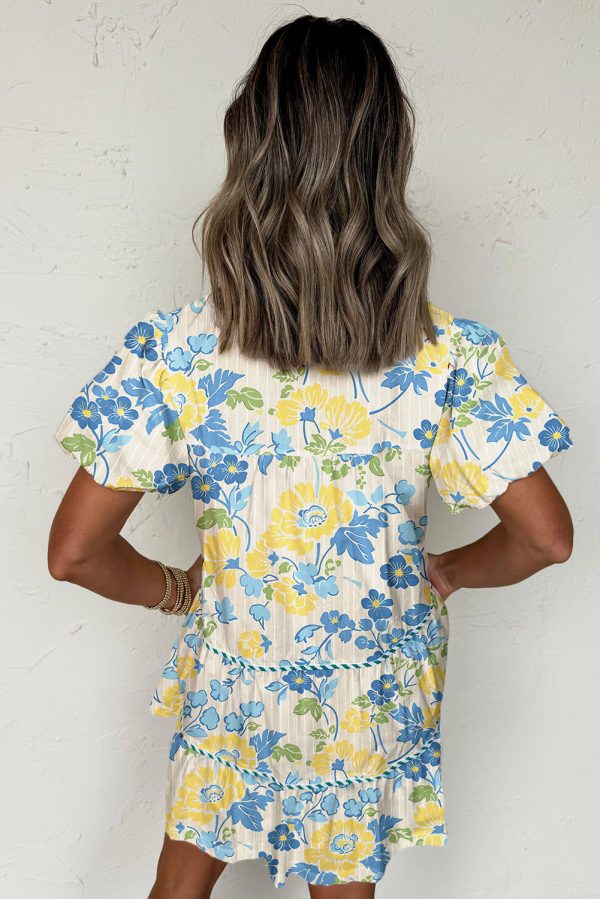 Blue Floral Striped Trim Puff Short Sleeve Dress