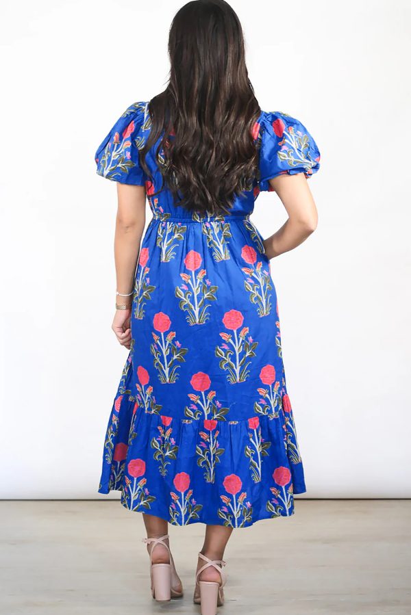 White Floral Puff Short Sleeve V Neck High Waist Maxi Dress