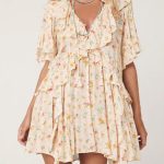 Apricot Boho Floral Tassel Tie V Neck Ruffle Wide Sleeve Mini Dress