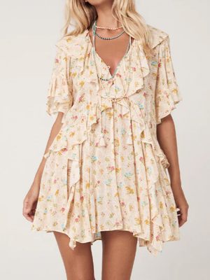 Apricot Boho Floral Tassel Tie V Neck Ruffle Wide Sleeve Mini Dress